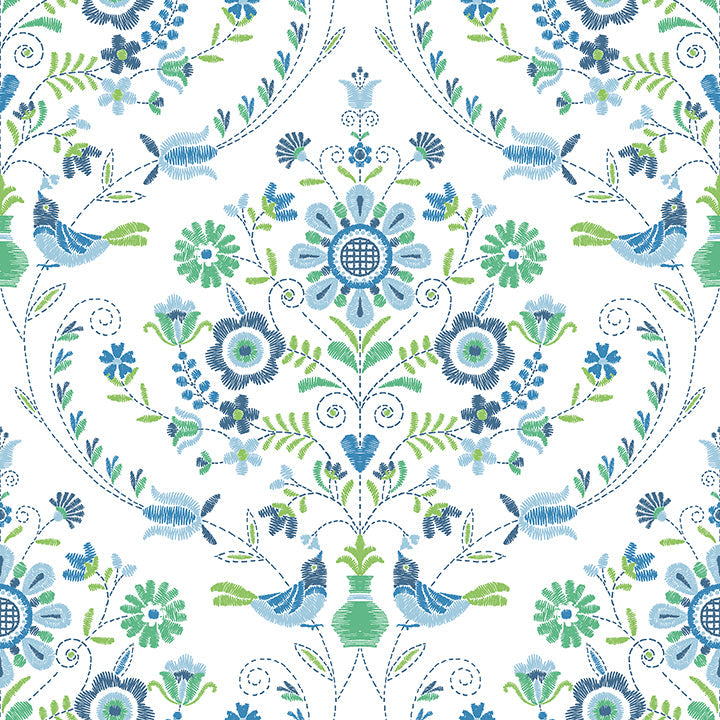 4066-26511 Britt Sapphire Embroidered Damask Wallpaper
