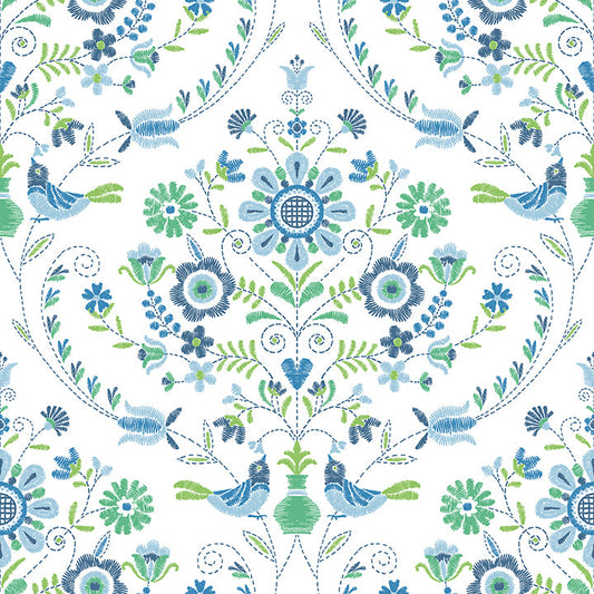 4066-26511 Britt Sapphire Embroidered Damask Wallpaper