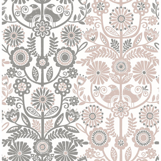 2821-25105 Lovebirds Light Pink Folk Stripe Wallpaper