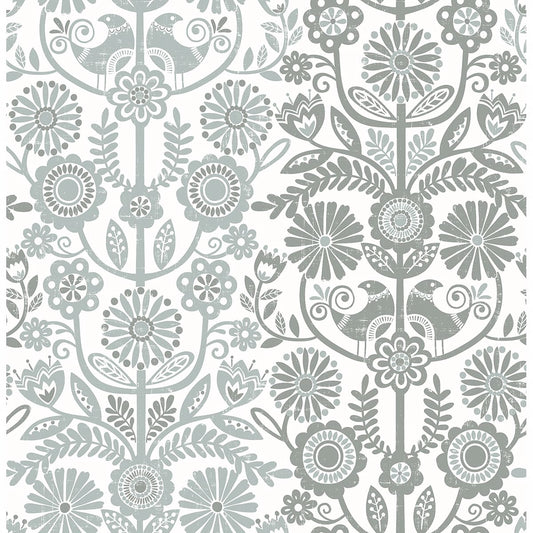 2821-25107 Lovebirds Slate Folk Stripe Wallpaper