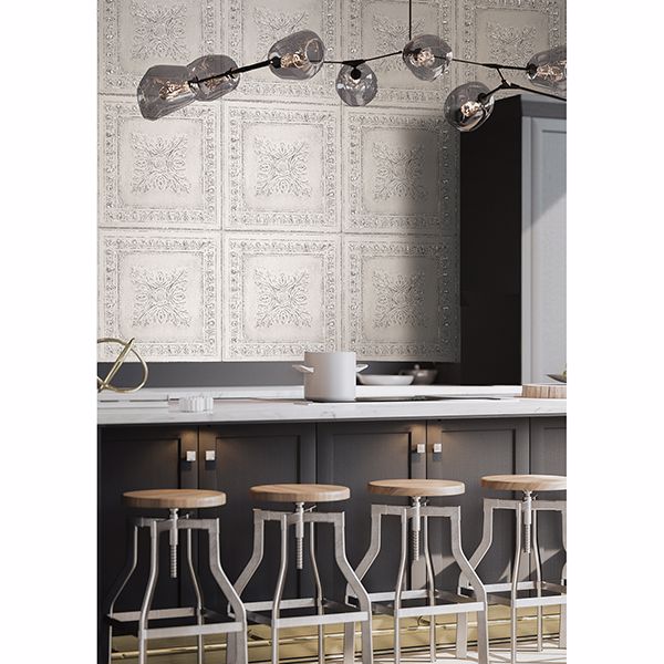 2904-24031 Hazley White Ornamental Tin Tile Wallpaper