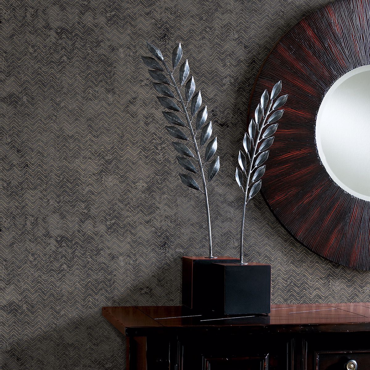 2927-00601 Luna Charcoal Distressed Chevron Wallpaper