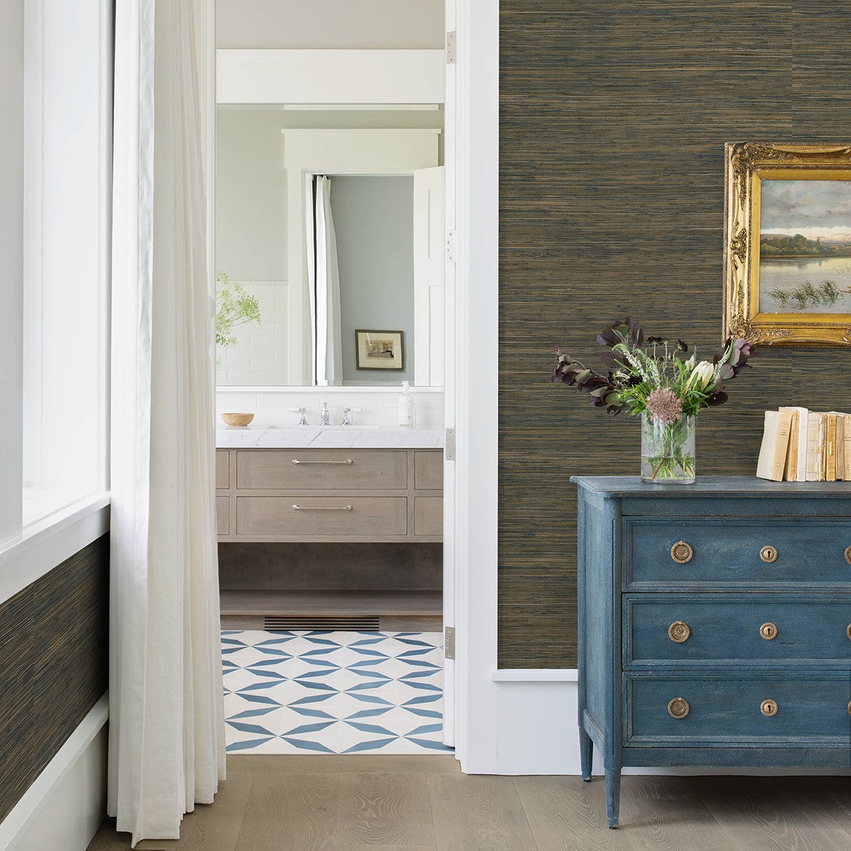 2972-86111 Shuang Teal Handmade Grasscloth Wallpaper