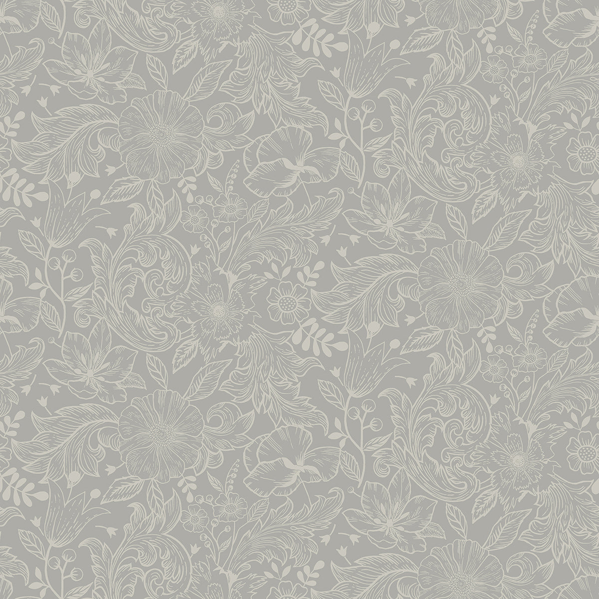 2999-13126 Wilma Grey Floral Block Print Wallpaper
