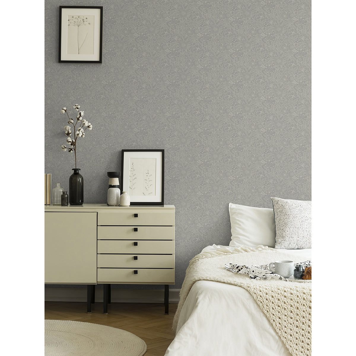  2999-13126 Wilma Grey Floral Block Print Wallpaper