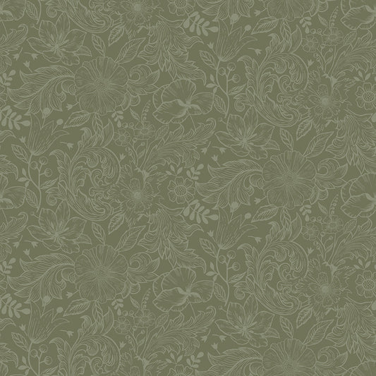 2999-13129 Wilma Green Floral Block Print Wallpaper