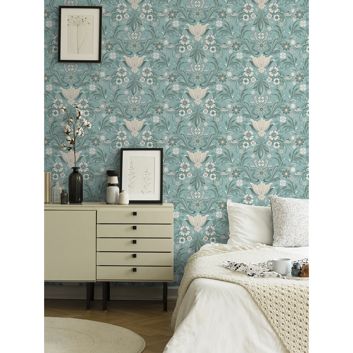 2999-24111 Ostanskar Turquoise Retro Floral Wallpaper