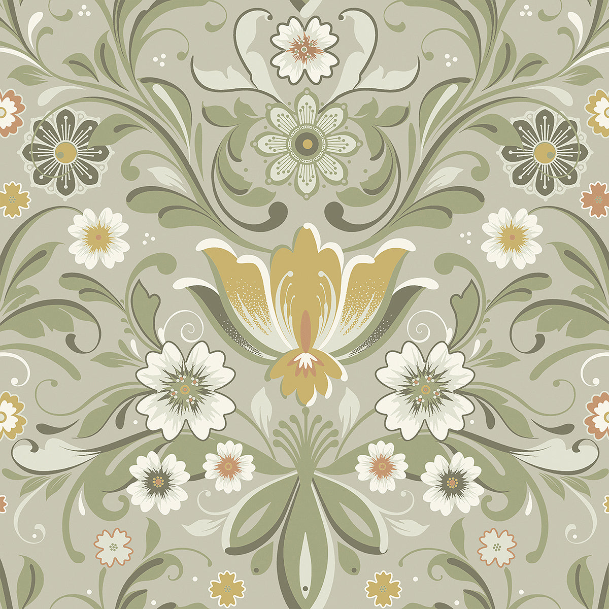 2999-24113 Ostanskar Green Retro Floral Wallpaper