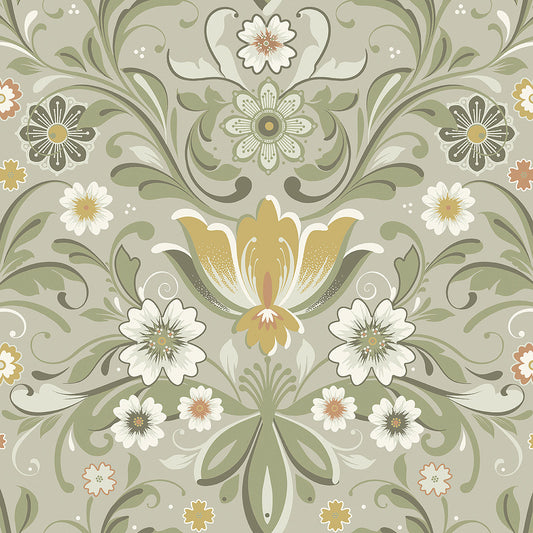 2999-24113 Ostanskar Green Retro Floral Wallpaper