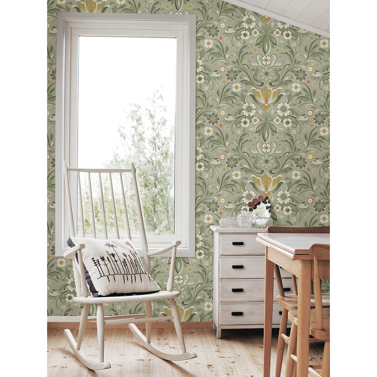 2999-24113 Ostanskar Green Retro Floral Wallpaper