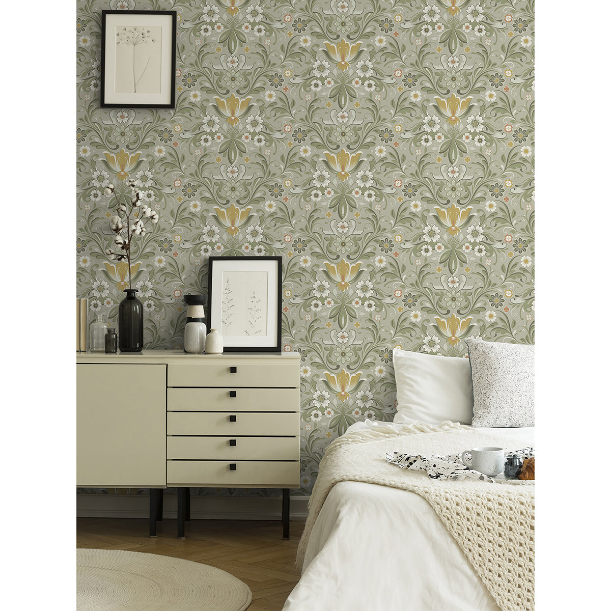 2999-24113 Ostanskar Green Retro Floral Wallpaper