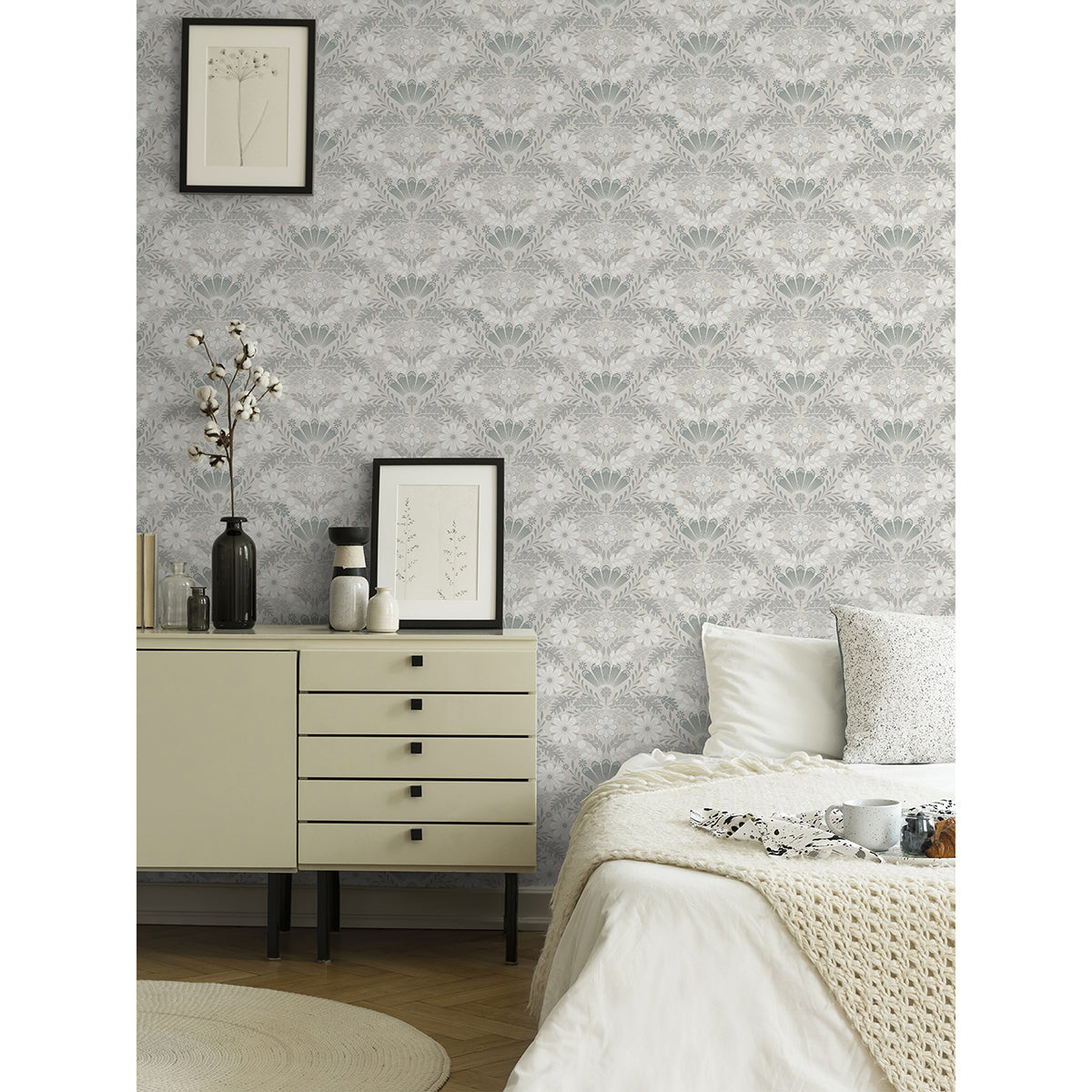 2999-24125 Klockrike Light Grey Botanical Damask Wallpaper