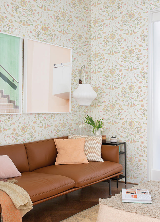 4066-26514 Britt Peach Embroidered Damask Wallpaper