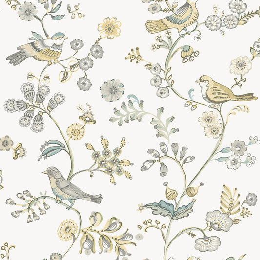 3122-10800 Jinjur Light Yellow Bird Trail Wallpaper