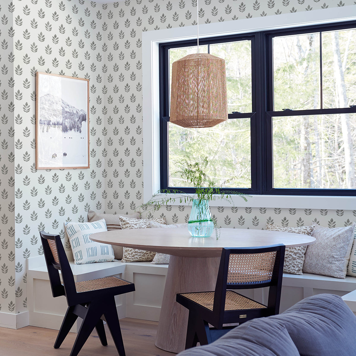 3122-11300 Ervic Charcoal Leaf Block Print Wallpaper