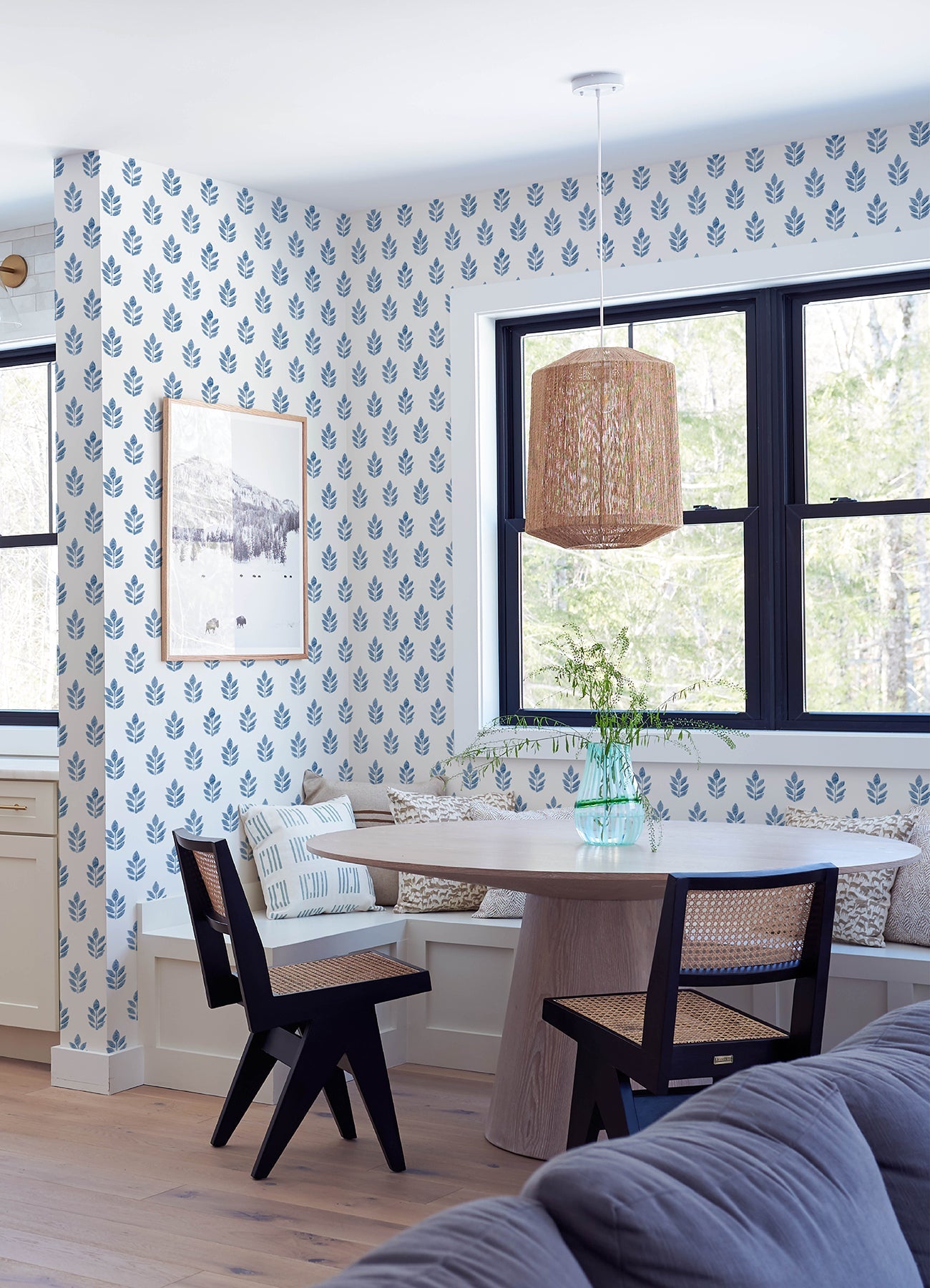 3122-11302 Ervic Blue Leaf Block Print Wallpaper