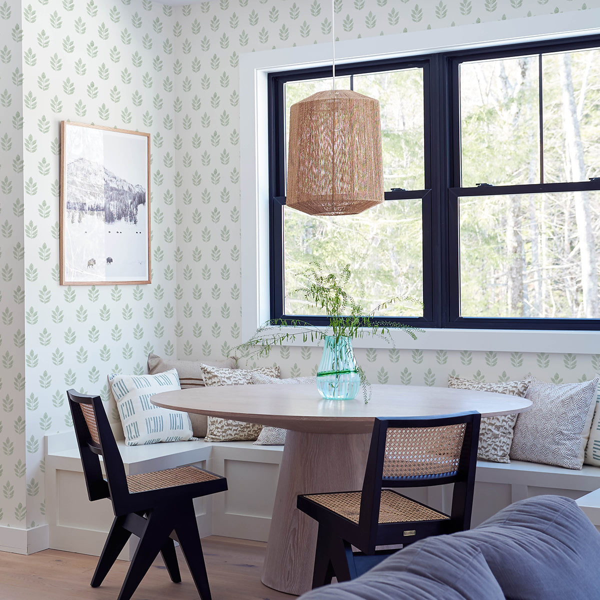 3122-11304 Ervic Green Leaf Block Print Wallpaper
