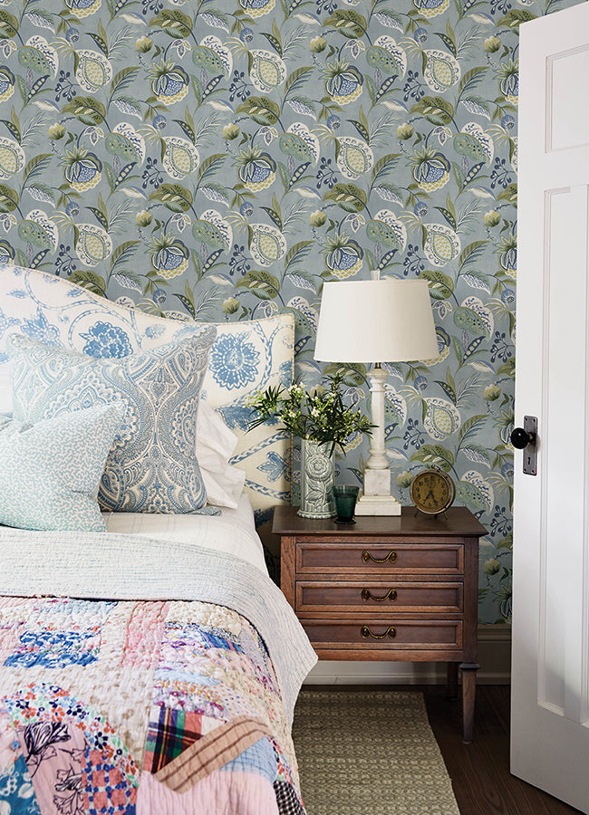 3125-72300 Bohemian Blue Jacobean Wallpaper