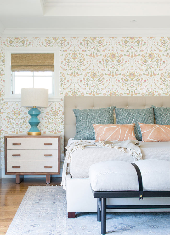 4066-26514 Britt Peach Embroidered Damask Wallpaper