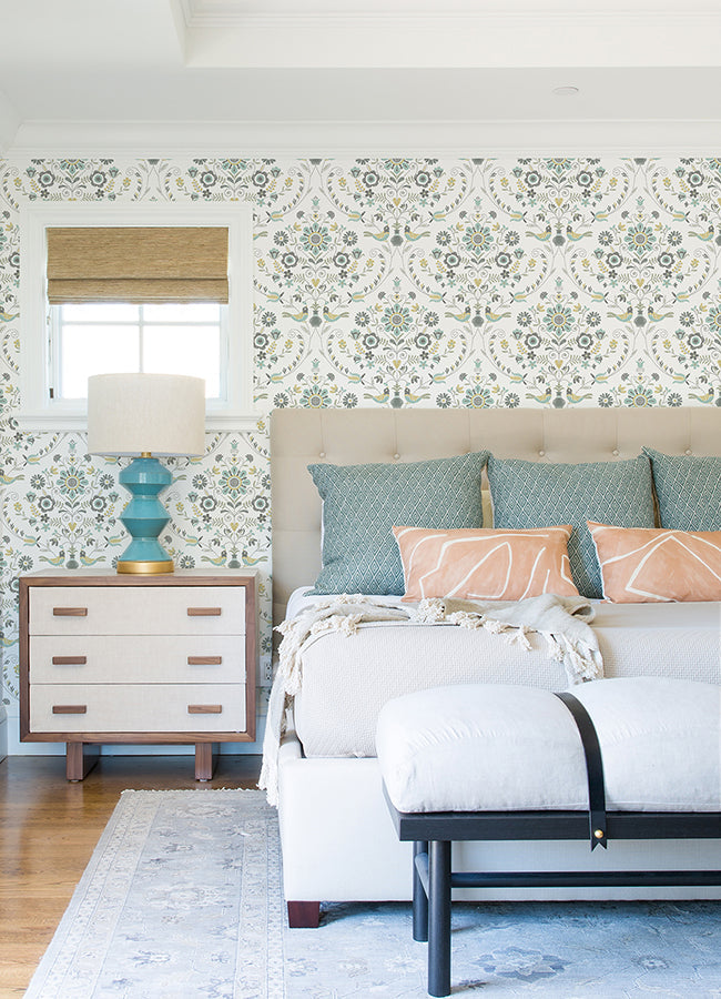4066-26510 Britt Sea Green Embroidered Damask Wallpaper