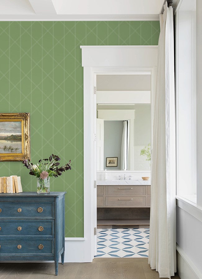 4074-26605 Walcott Light Green Stitched Trellis Wallpaper