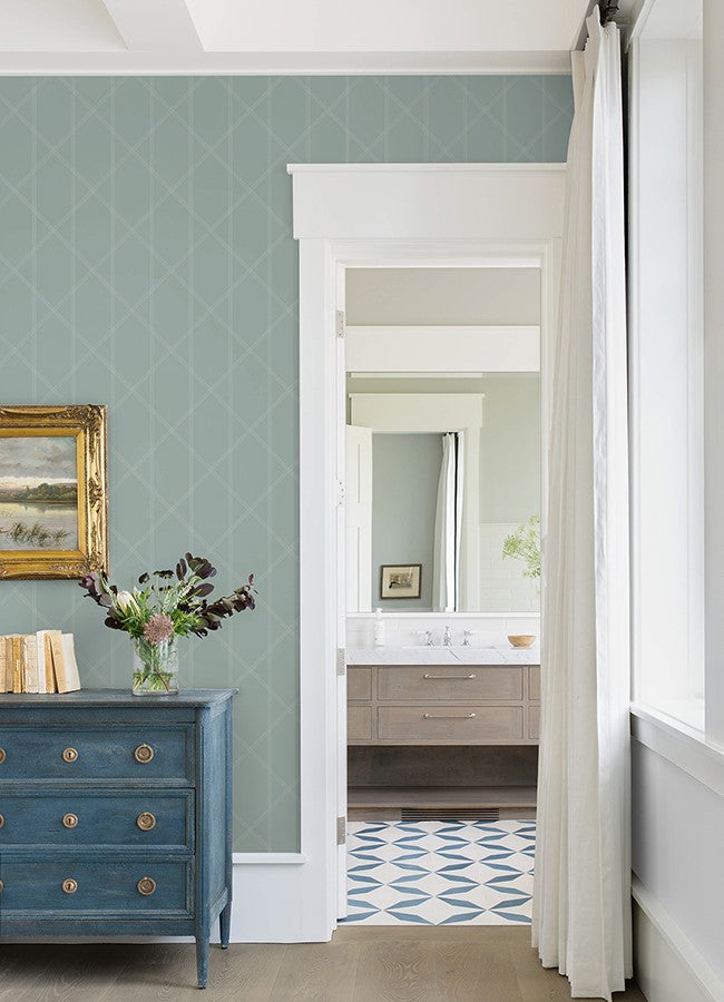 4074-26606 Walcott Seafoam Stitched Trellis Wallpaper