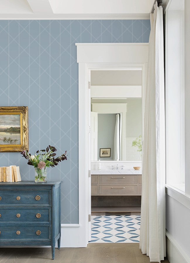 4074-26607 Walcott Light Blue Stitched Trellis Wallpaper