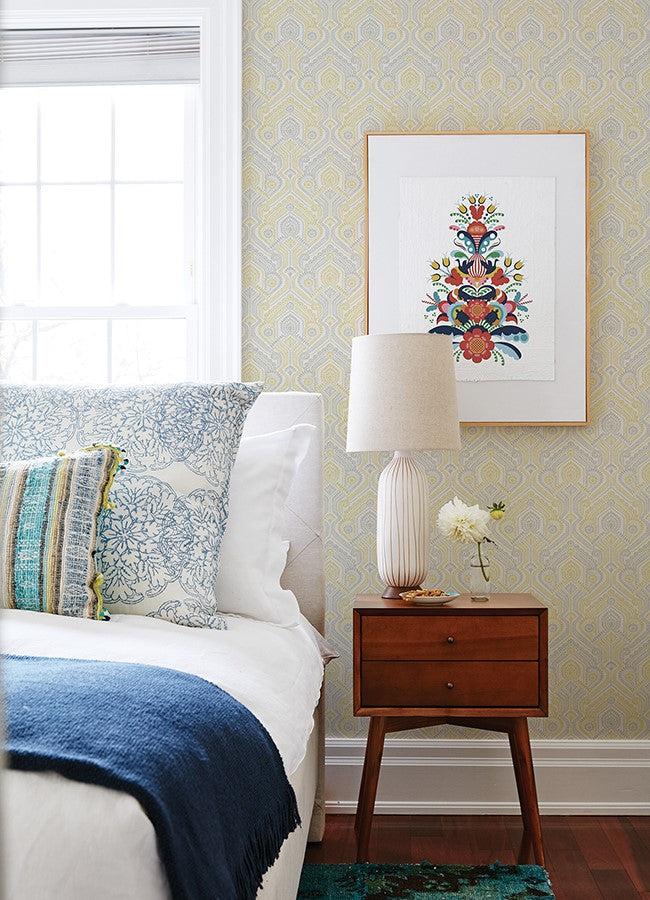 4074-26615 Fernback Yellow Ornate Botanical Wallpaper