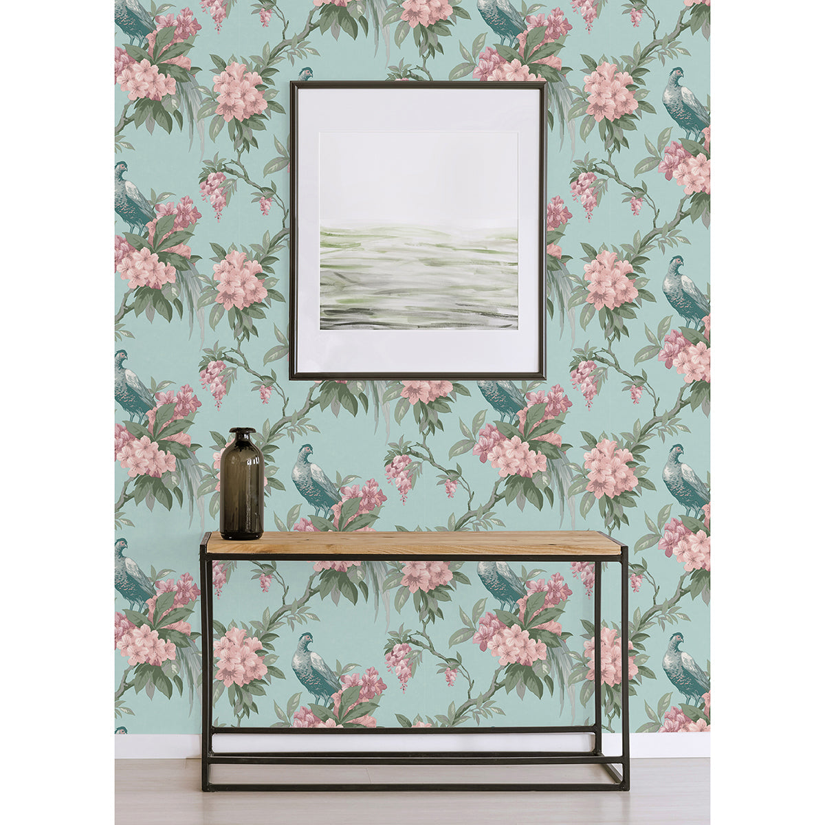 M1663 Golden Pheasant Aqua Floral Wallpaper