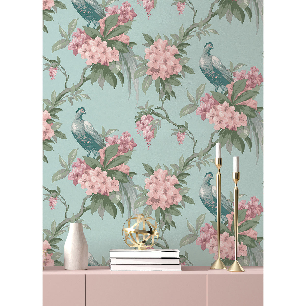 M1663 Golden Pheasant Aqua Floral Wallpaper