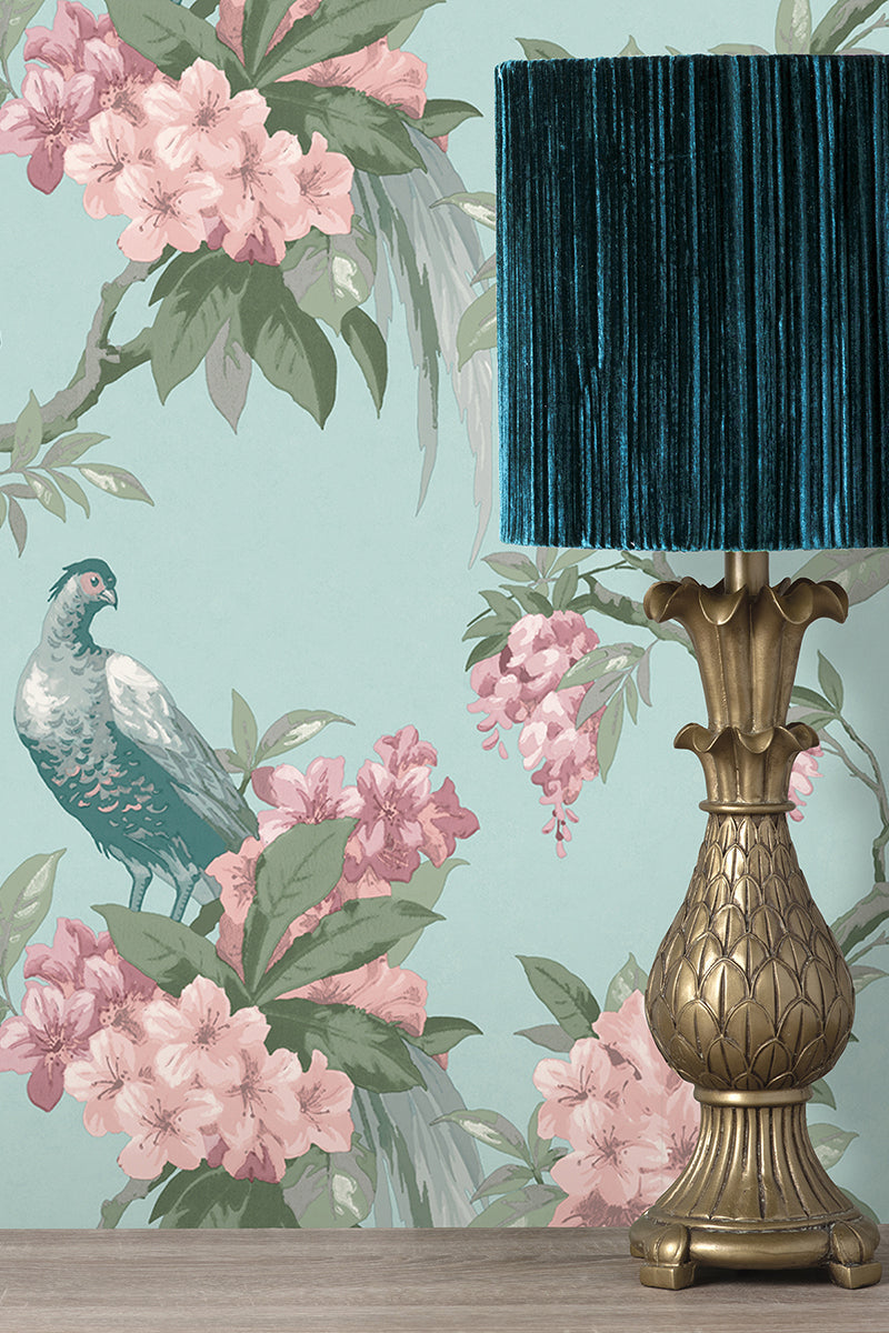 M1663 Golden Pheasant Aqua Floral Wallpaper