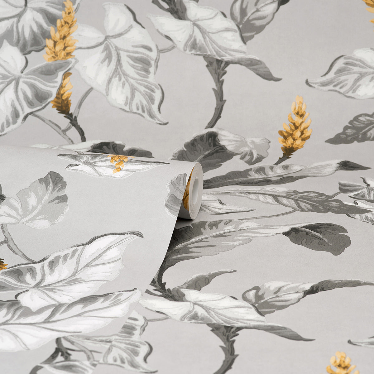 M1691 Meridian Parade Grey Tropical Leaves Wallpaper