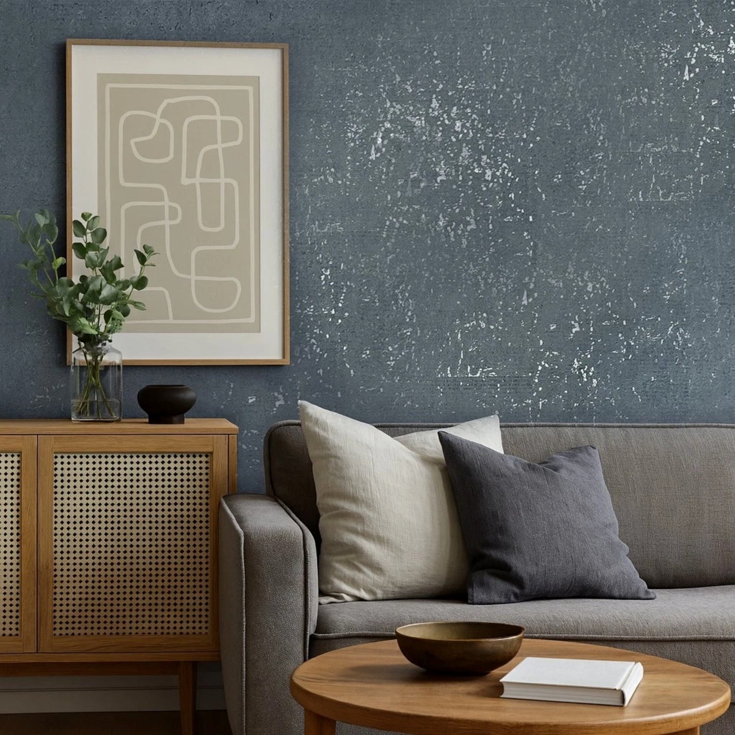 WM018KCS Real Natural cork matte blue gray silver metallic foil textured modern Wallpaper