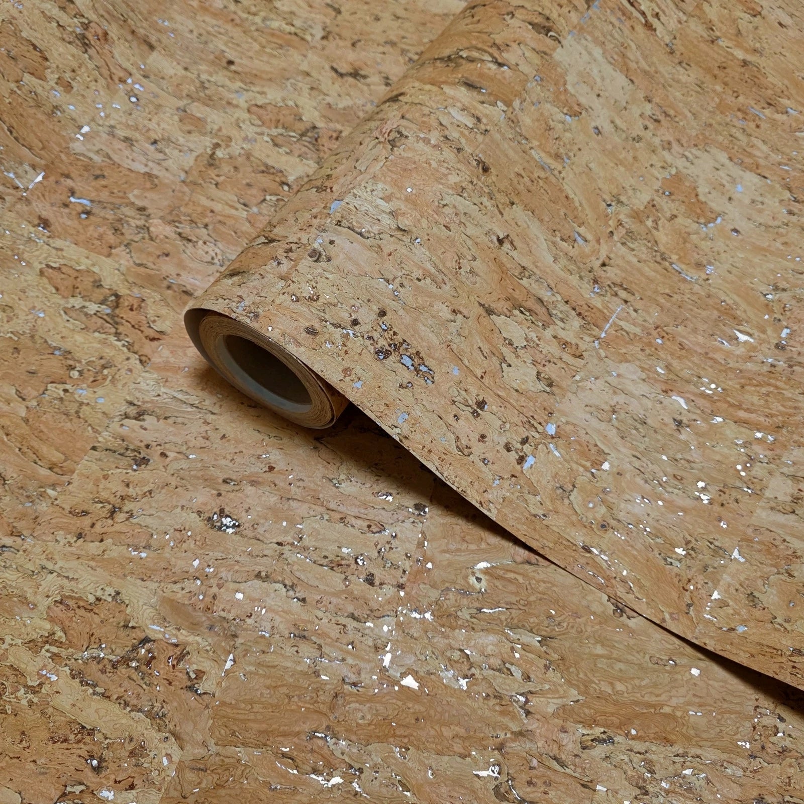 WM020KCG Real Natural cork organic sand brown silver metallic foil textured eco Wallpaper