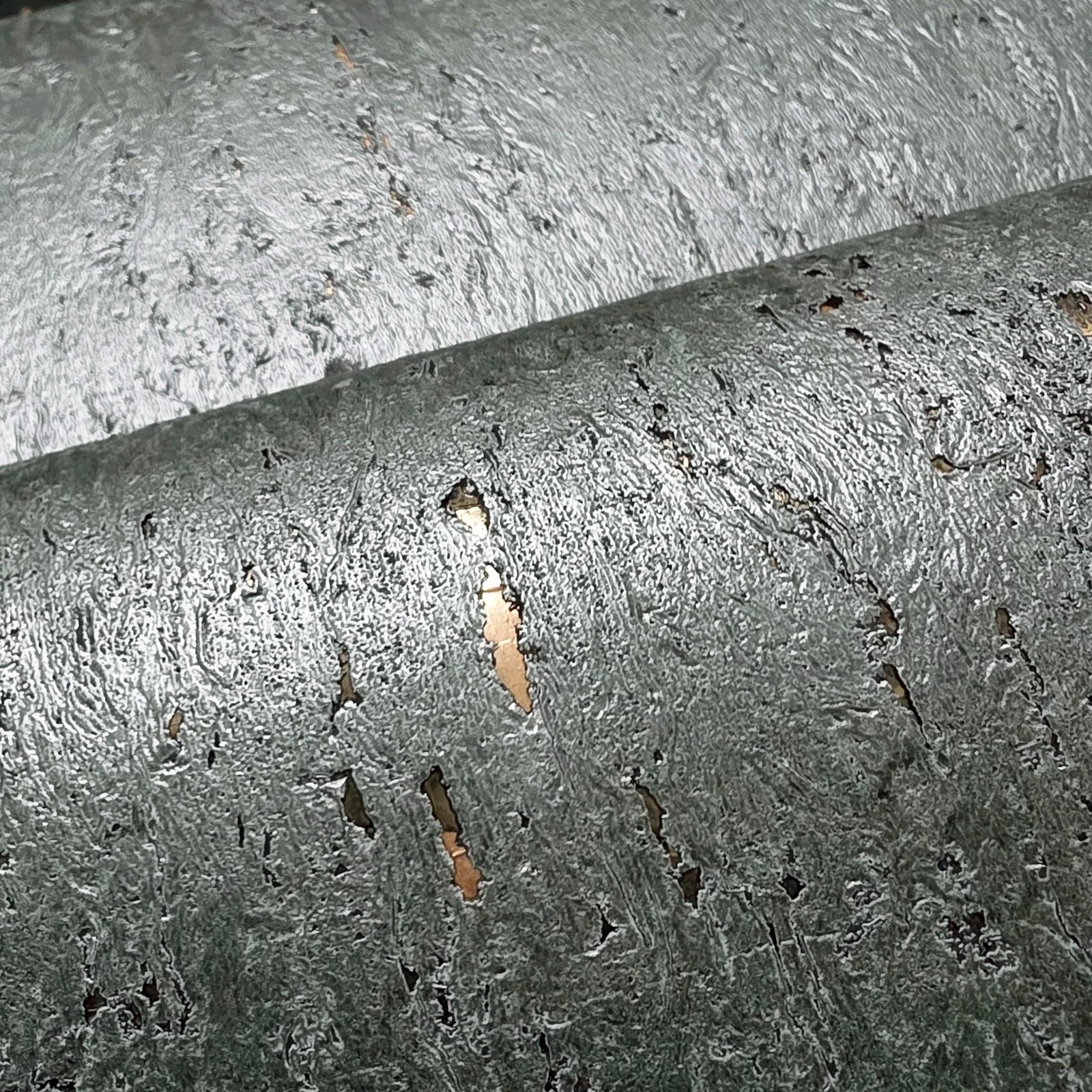 WM047KCG Real Natural cork moss green - gray metallic gold foil textured modern Wallpaper