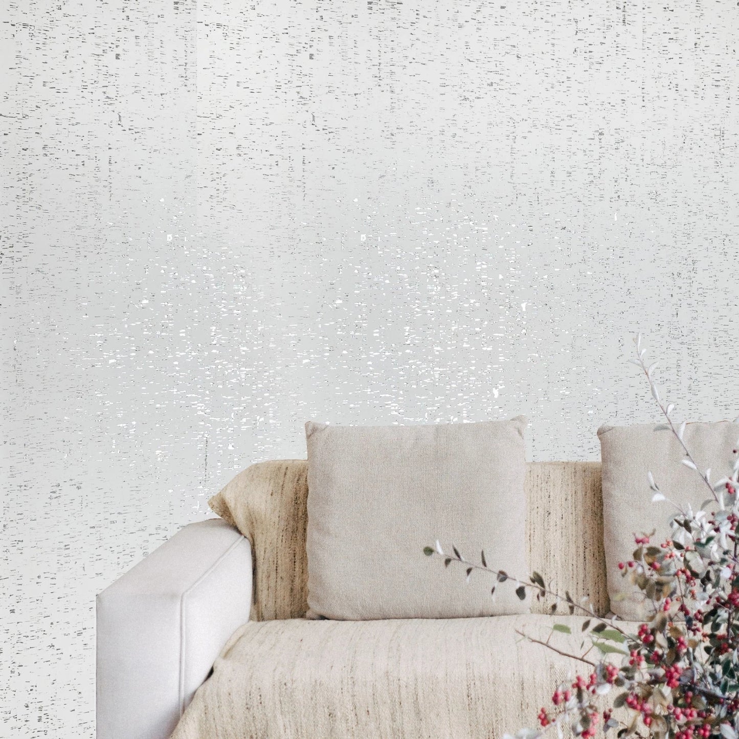 WM100001SMC Enhanced natural cork matte white silver metallic foil birch textured Wallpaper