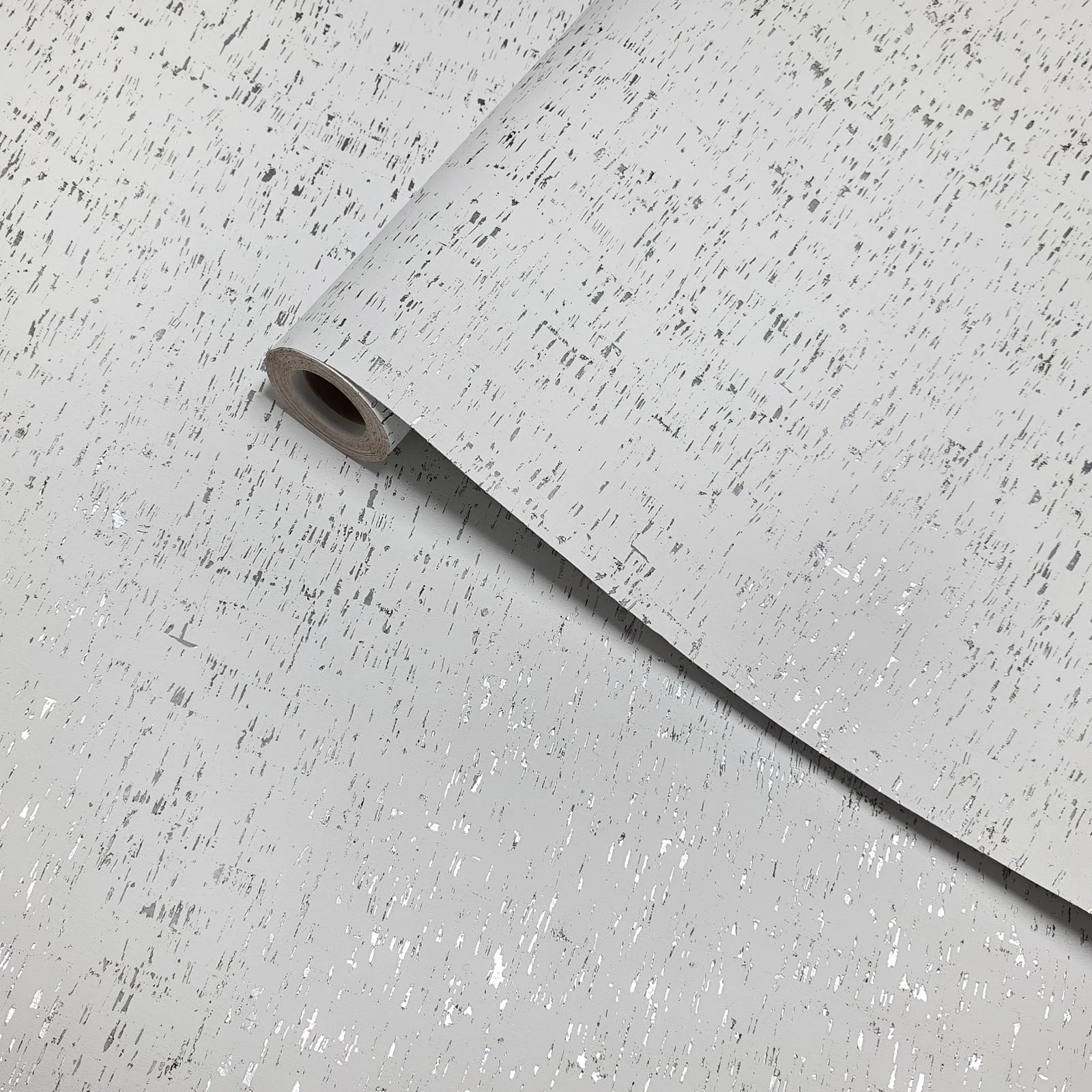 WM100001SMC Enhanced natural cork matte white silver metallic foil birch textured Wallpaper