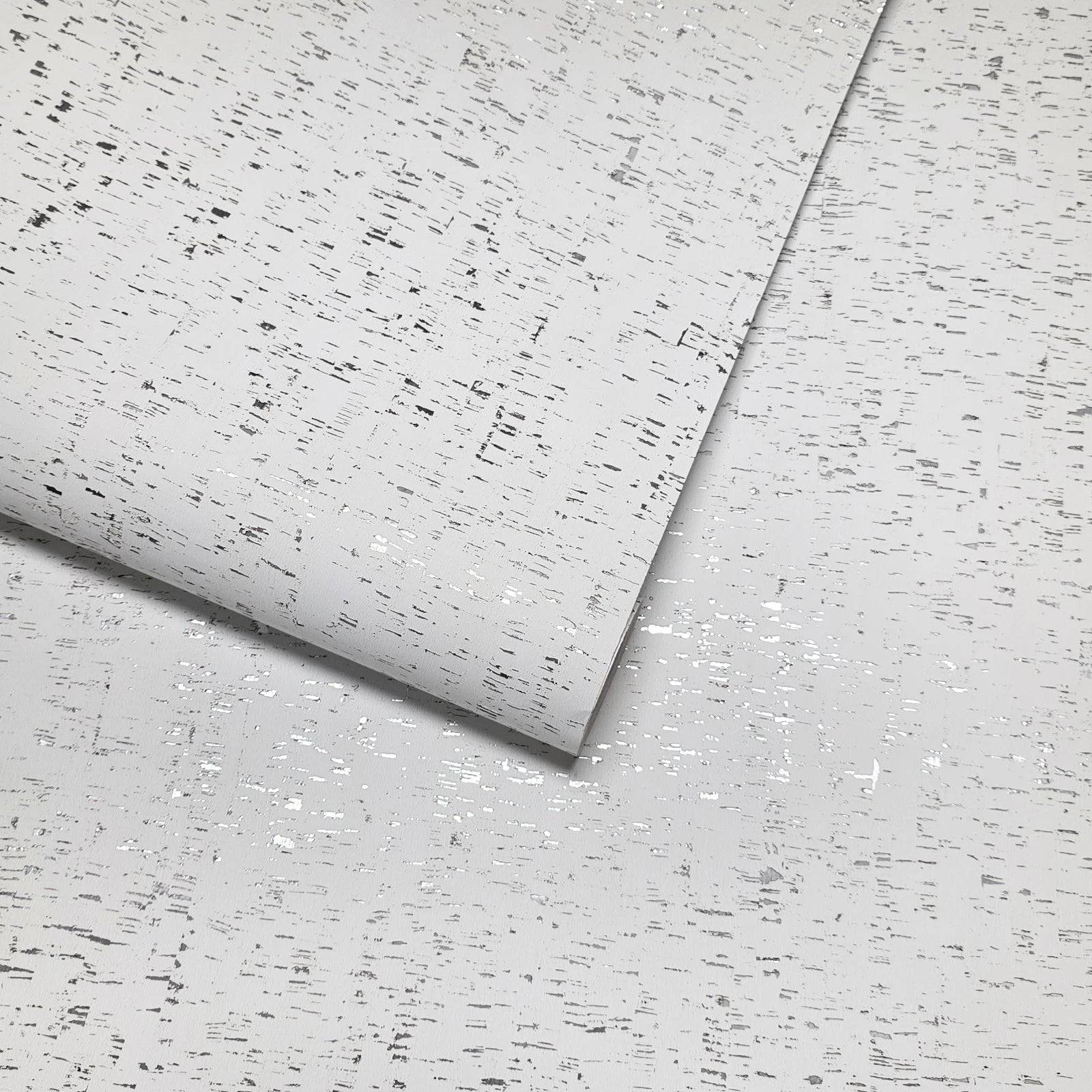 WM100001SMC Enhanced natural cork matte white silver metallic foil birch textured Wallpaper