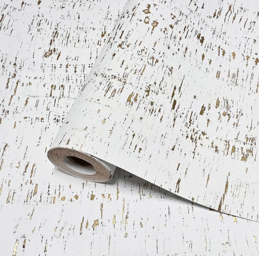 WM100101SMC Enchanced natural cork matte white gold metallic foil birch textured Wallpaper