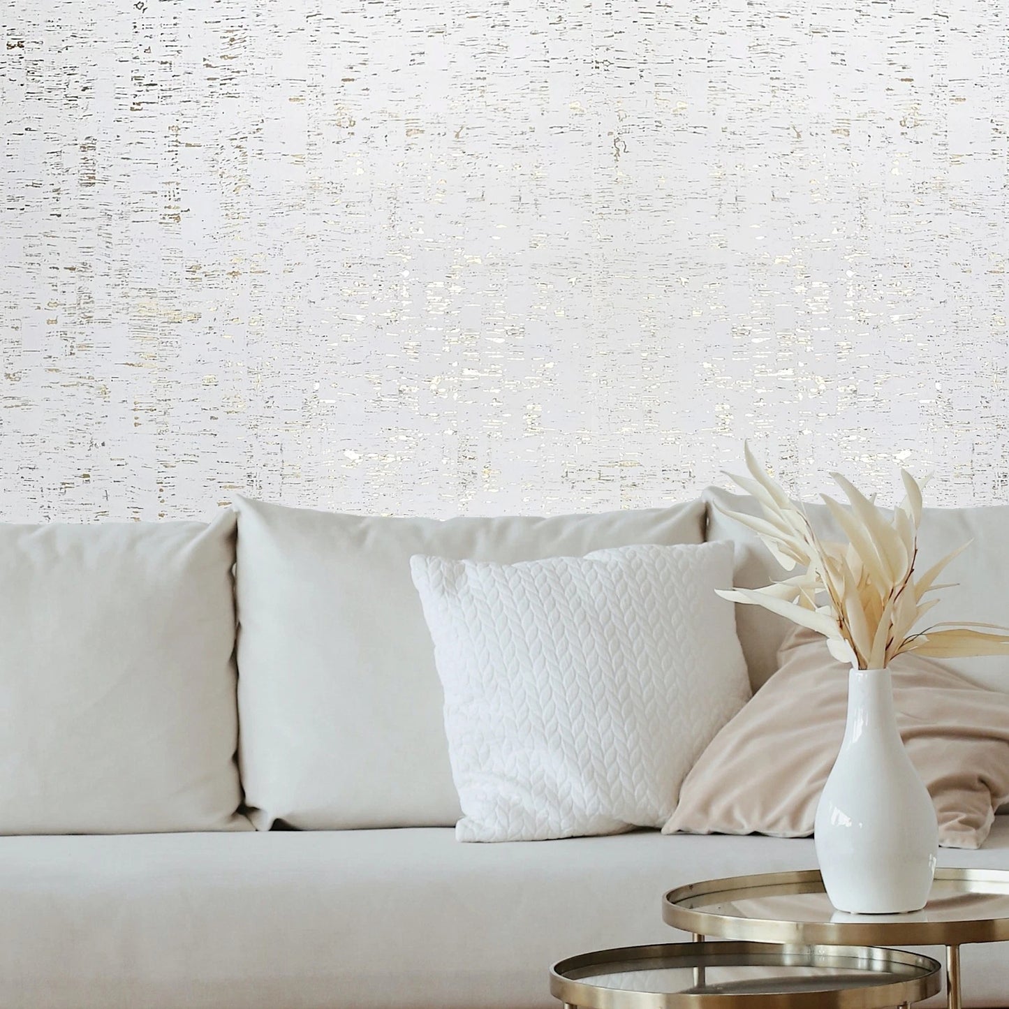 WM100101SMC Enchanced natural cork matte white gold metallic foil birch textured Wallpaper