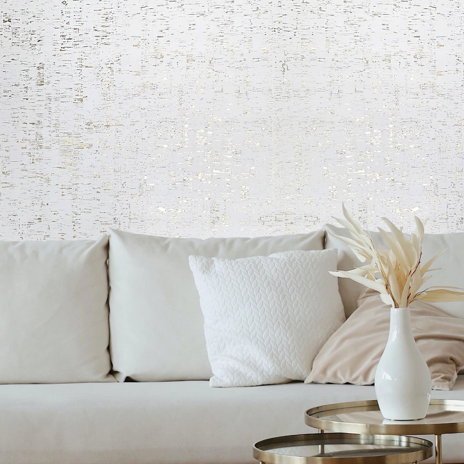 WM100101SMC Enchanced natural cork matte white gold metallic foil birch textured Wallpaper