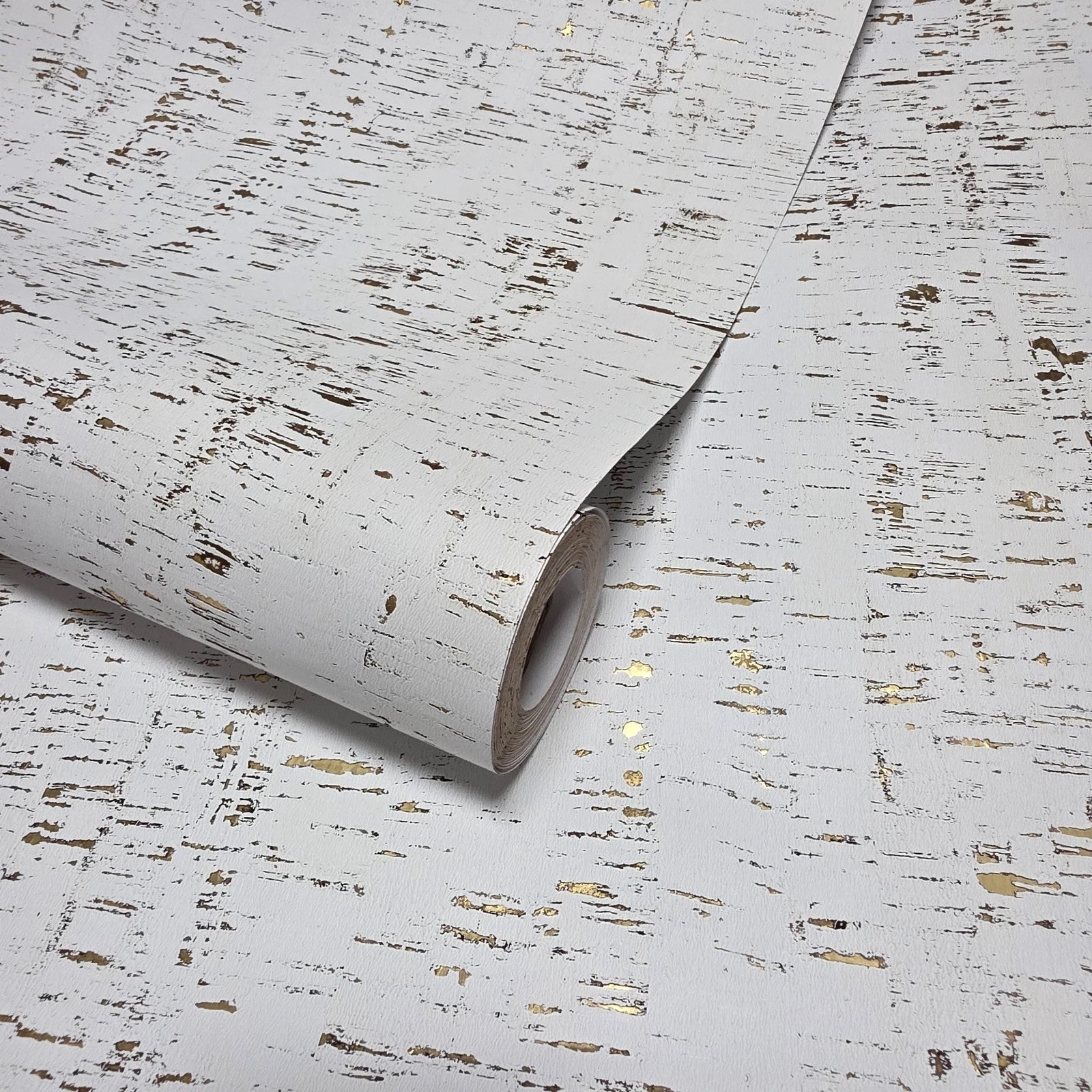 WM100101SMC Enchanced natural cork matte white gold metallic foil birch textured Wallpaper