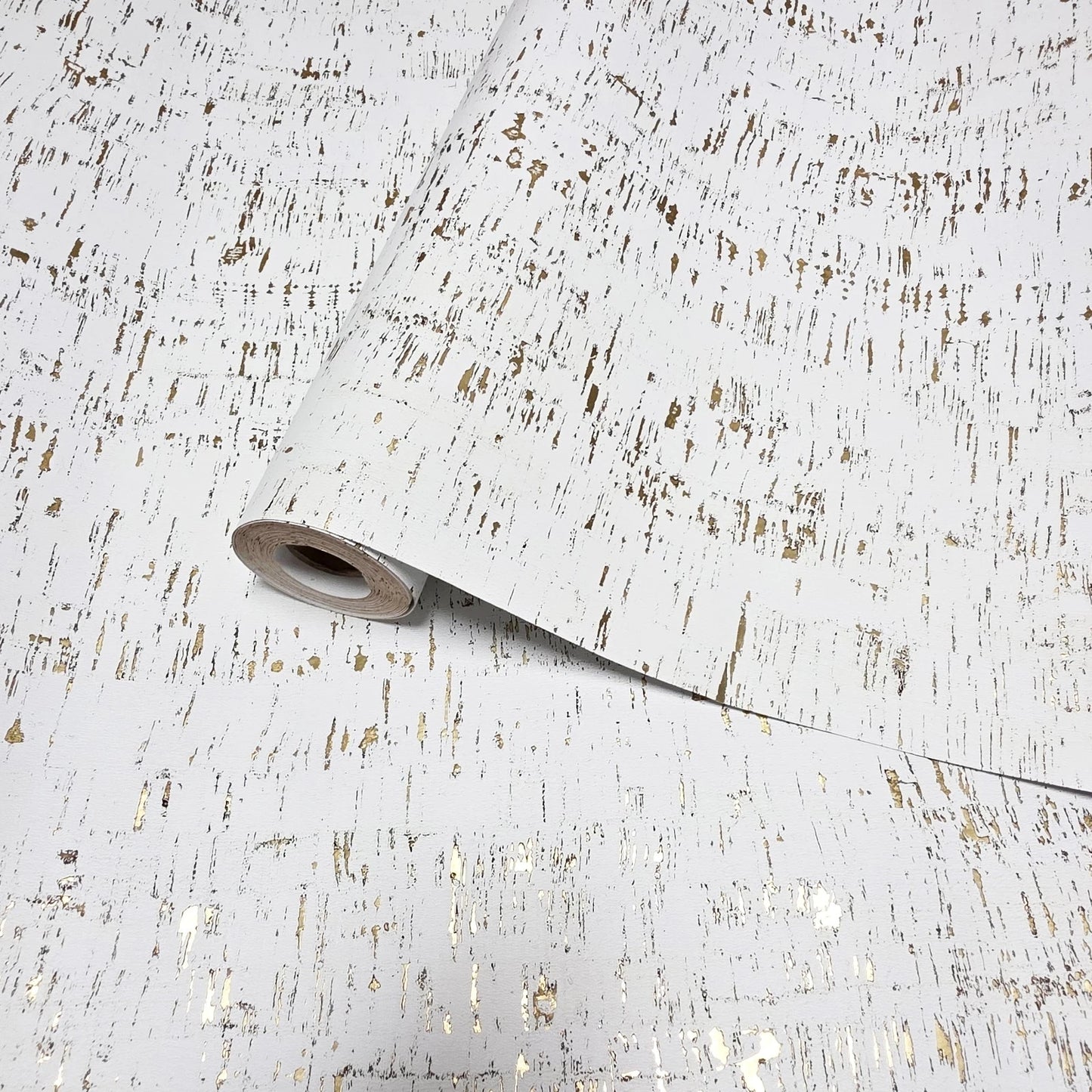 WM100101SMC Enchanced natural cork matte white gold metallic foil birch textured Wallpaper