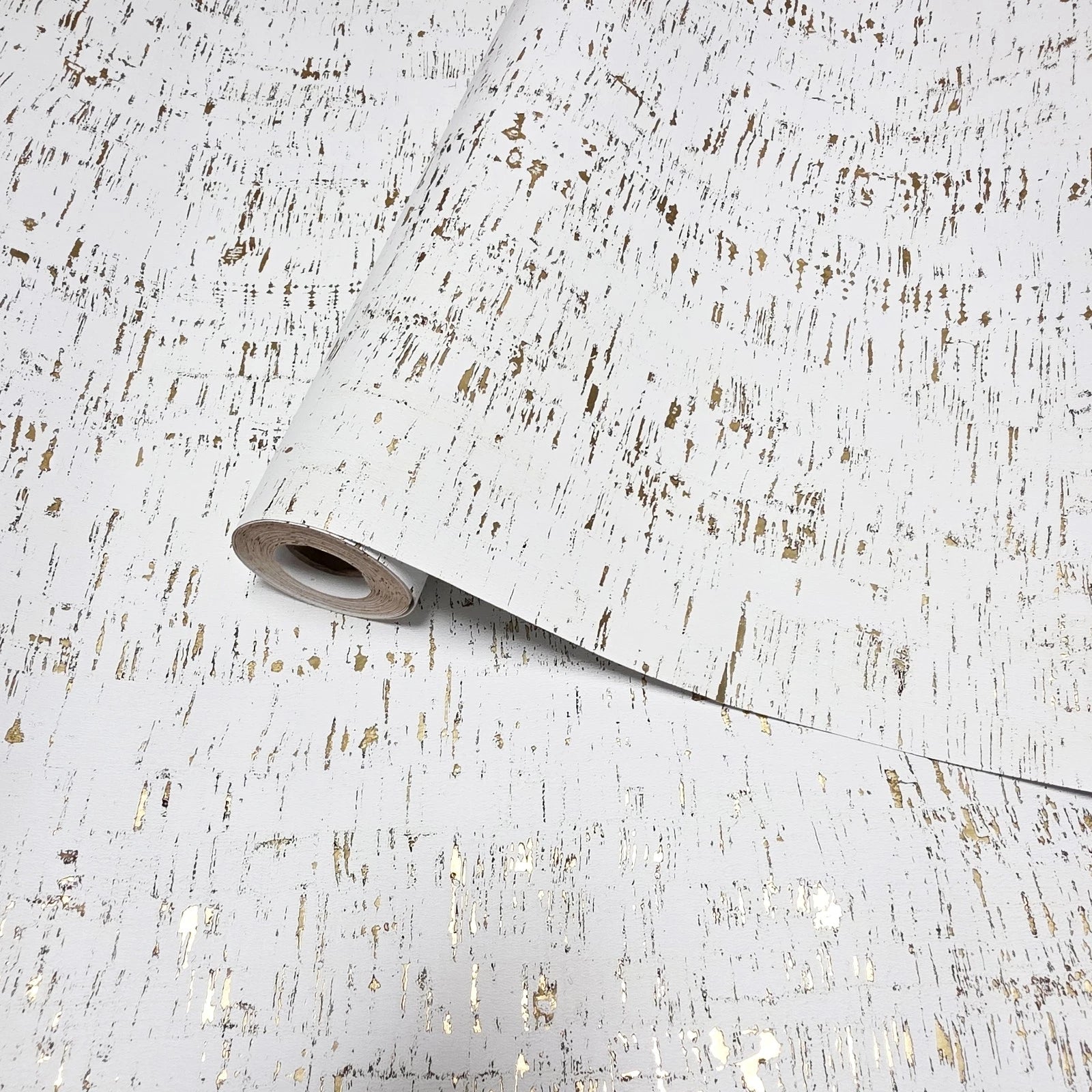 WM100101SMC Enchanced natural cork matte white gold metallic foil birch textured Wallpaper