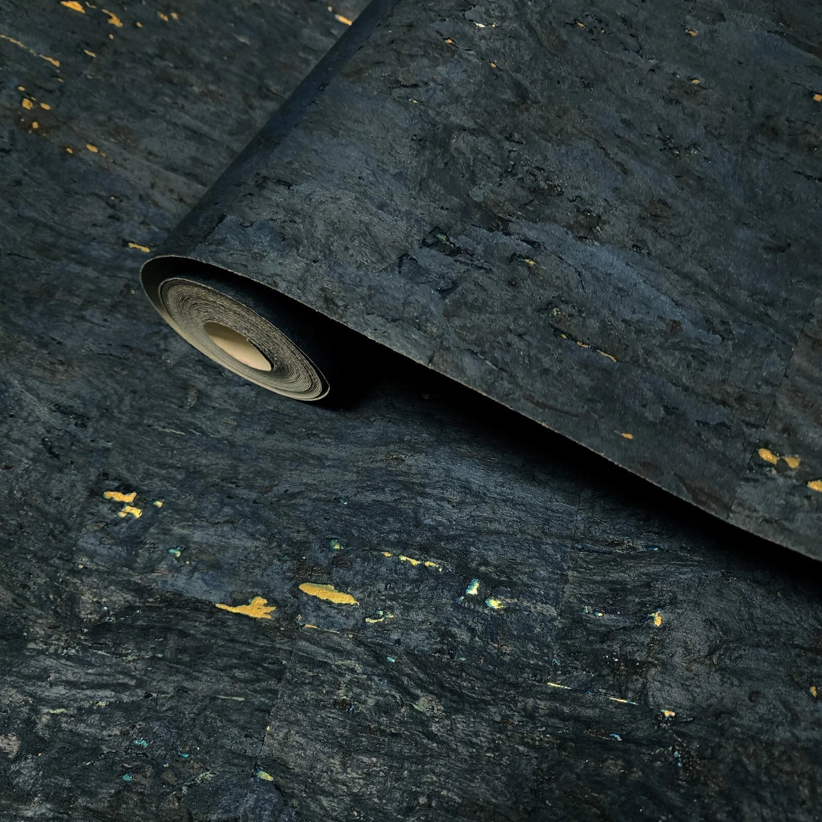 WM843801 Real natural cork Wallpaper textured dark navy blue gold metallic wallcoverings