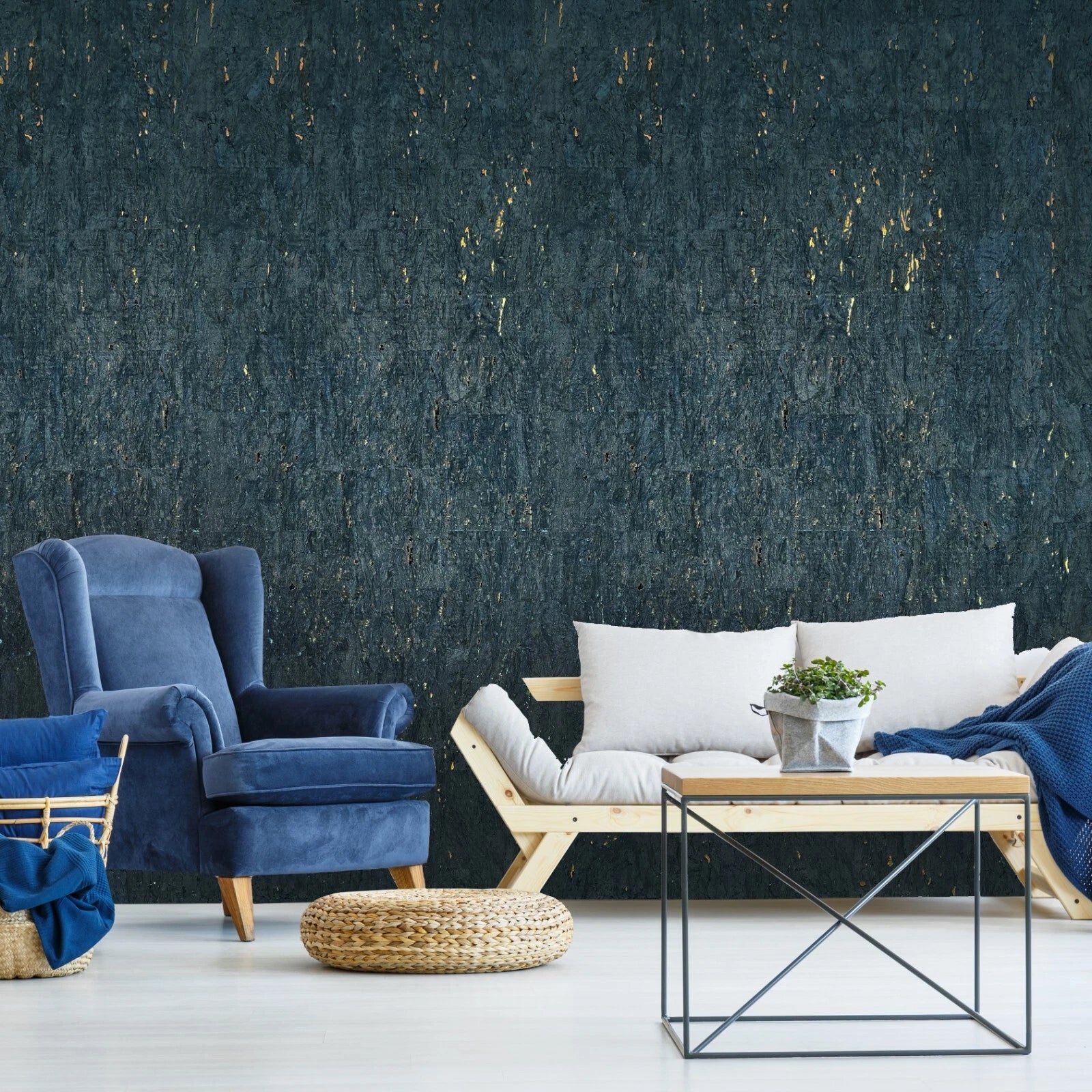 WM843801 Real natural cork Wallpaper textured dark navy blue gold metallic wallcoverings