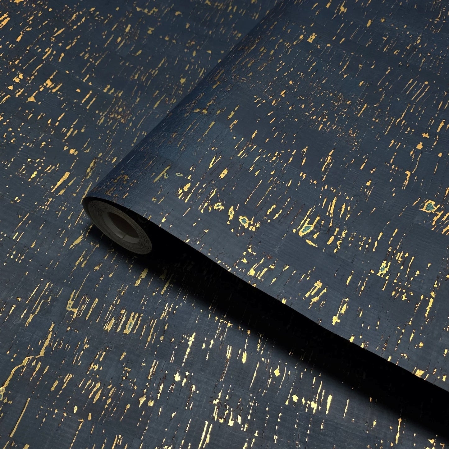 WM865301 Enhanced natural cork deep navy gold metallic foil striped textured Wallpaper