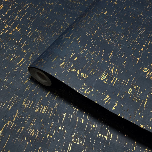 WM865301 Enhanced natural cork deep navy gold metallic foil striped textured Wallpaper